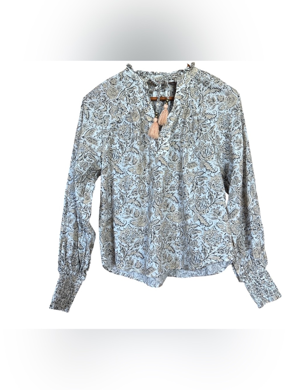 Anthropologie Grey Peach Floral Paisley Tassel Peasant Blouse Womens XS Boho